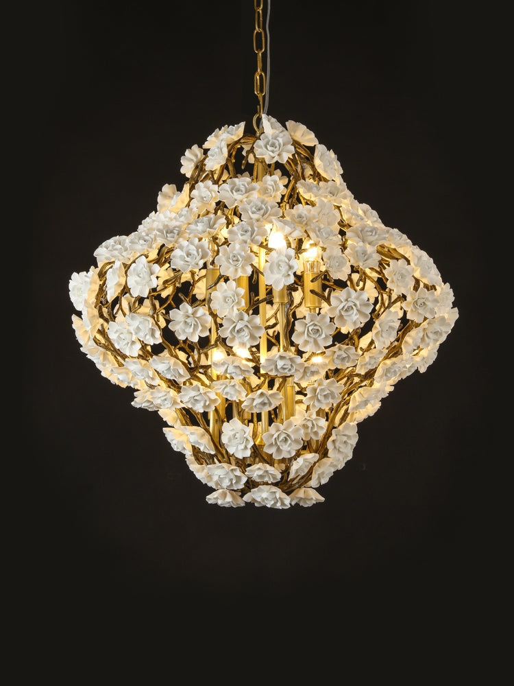 Brass and Ceramic Flower Art Chandelier Post Modern Light Luxury Style for Living and Dining Areas