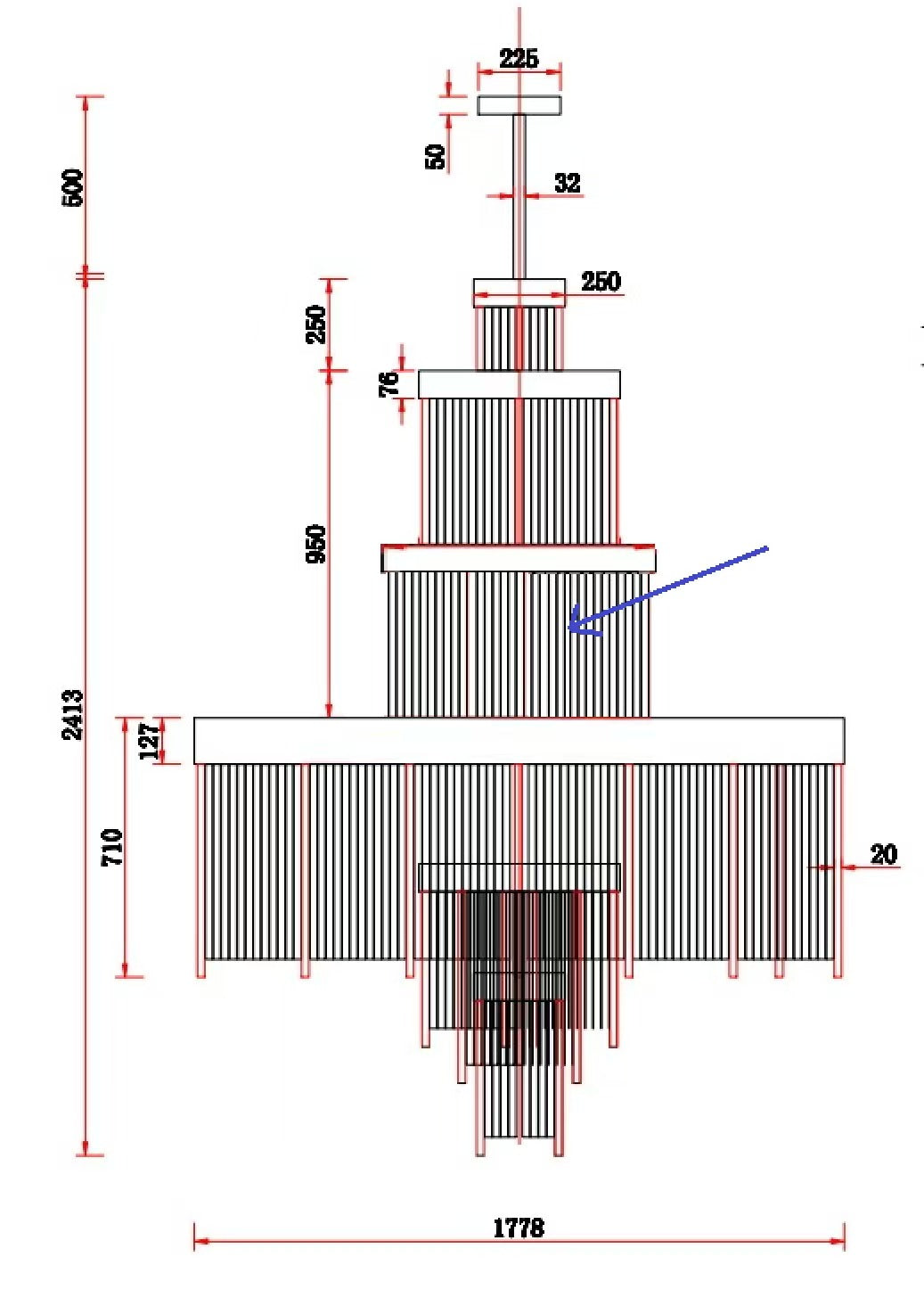 Modern Multi-layered Glass&Metal Rods Chandelier for High-ceiling