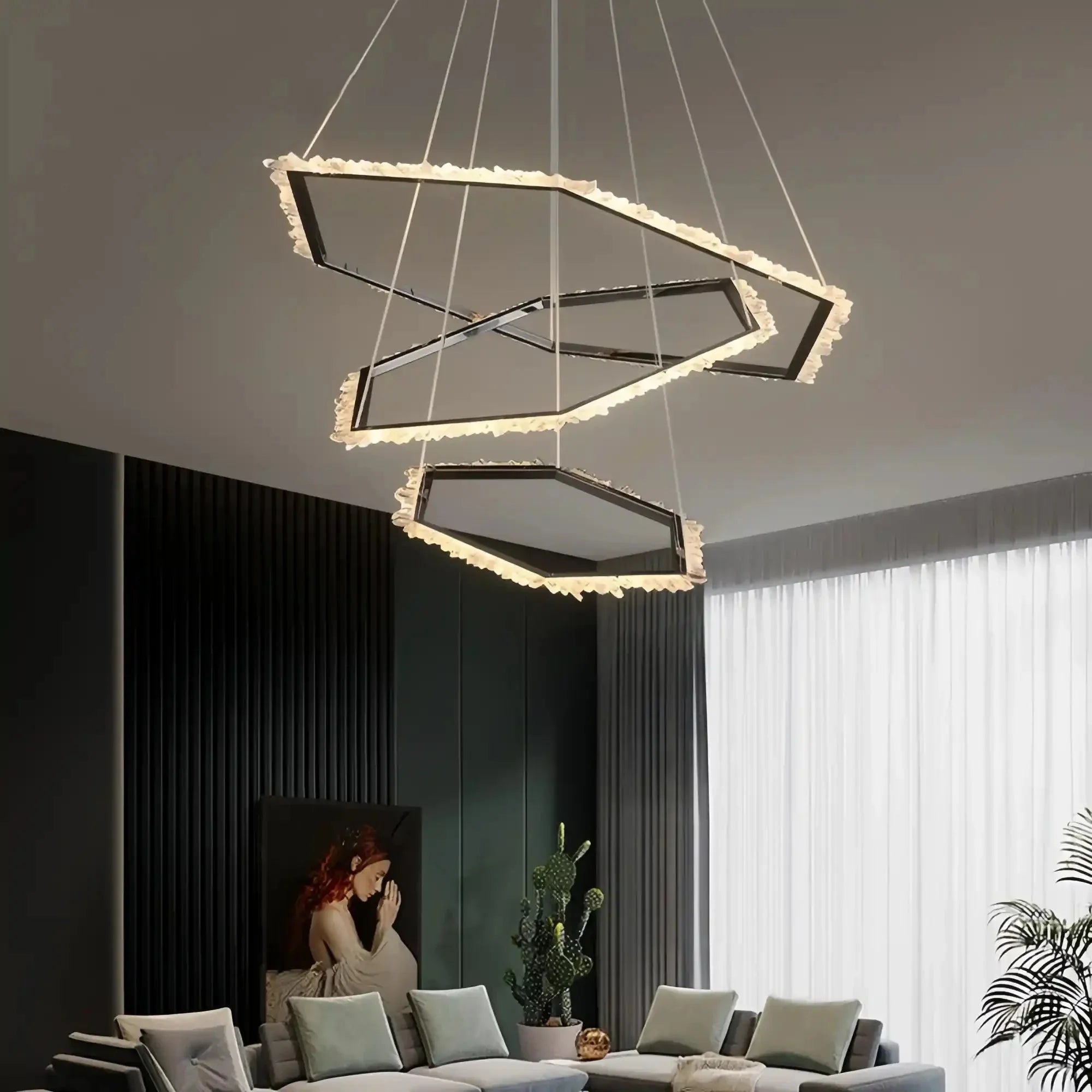 Gina Hexagonal Rock Crystal Black Ring Chandelier - Style CCyranlamps