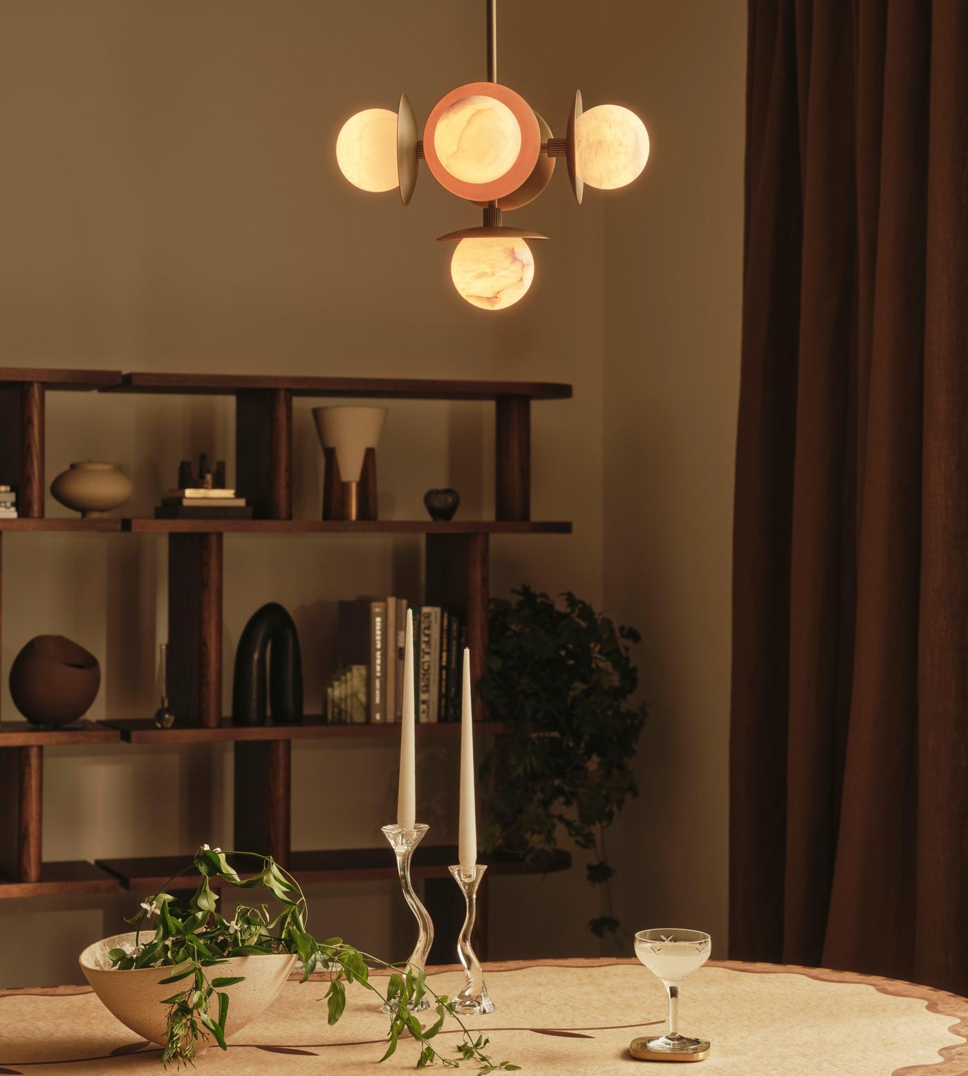 Snowflake Alabaster Orb Chandelier - ∅ 15″ x H 59″Bronze & WhiteCyranlamps