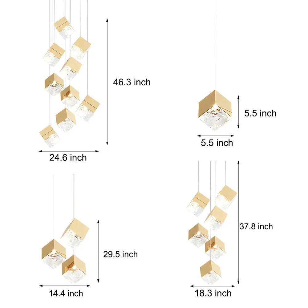 1/3/6/9 - Light Multi Glass Ice Cube Metallic Staircase Chandelier - Cyran Lamps