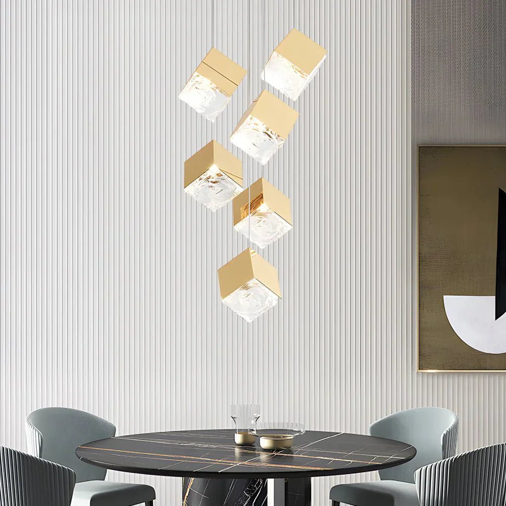 1/3/6/9 - Light Multi Glass Ice Cube Metallic Staircase Chandelier - Cyran Lamps