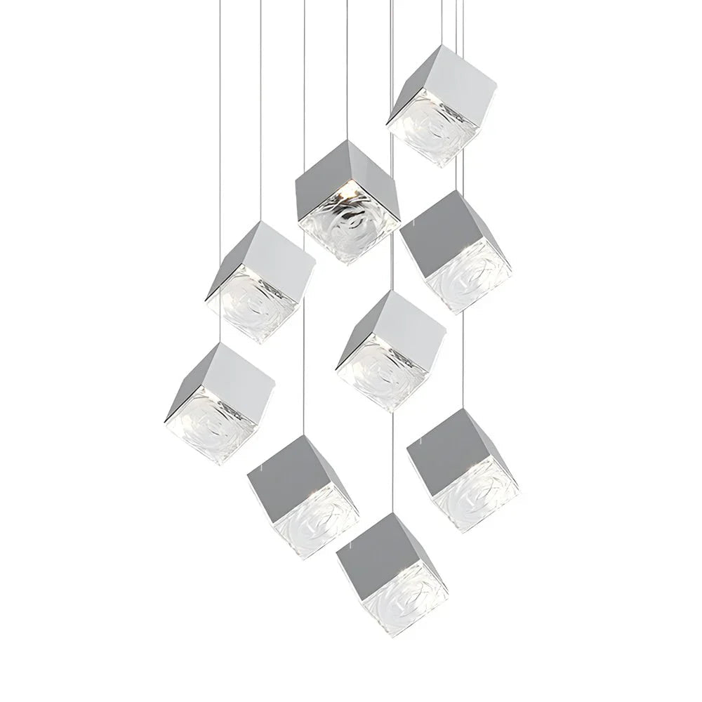 1/3/6/9 - Light Multi Glass Ice Cube Metallic Staircase Chandelier - Cyran Lamps