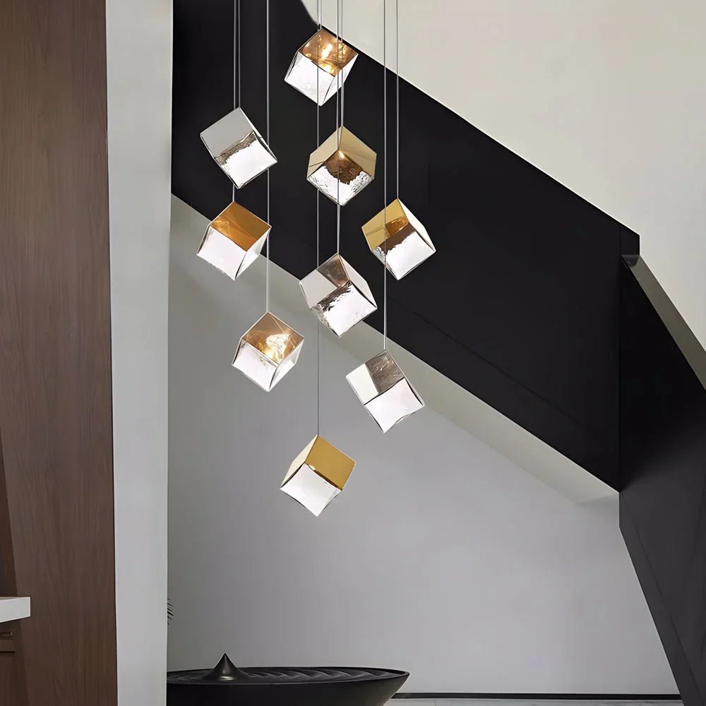 1/3/6/9 - Light Multi Glass Ice Cube Metallic Staircase Chandelier - Cyran Lamps