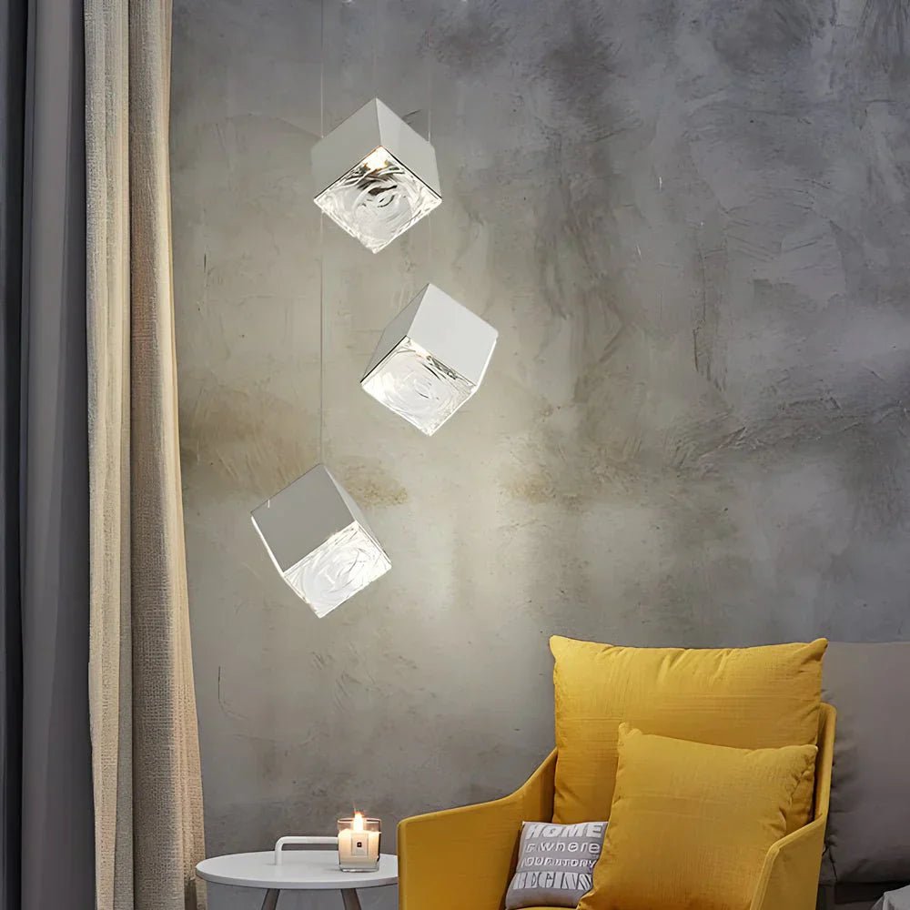 1/3/6/9 - Light Multi Glass Ice Cube Metallic Staircase Chandelier - Cyran Lamps
