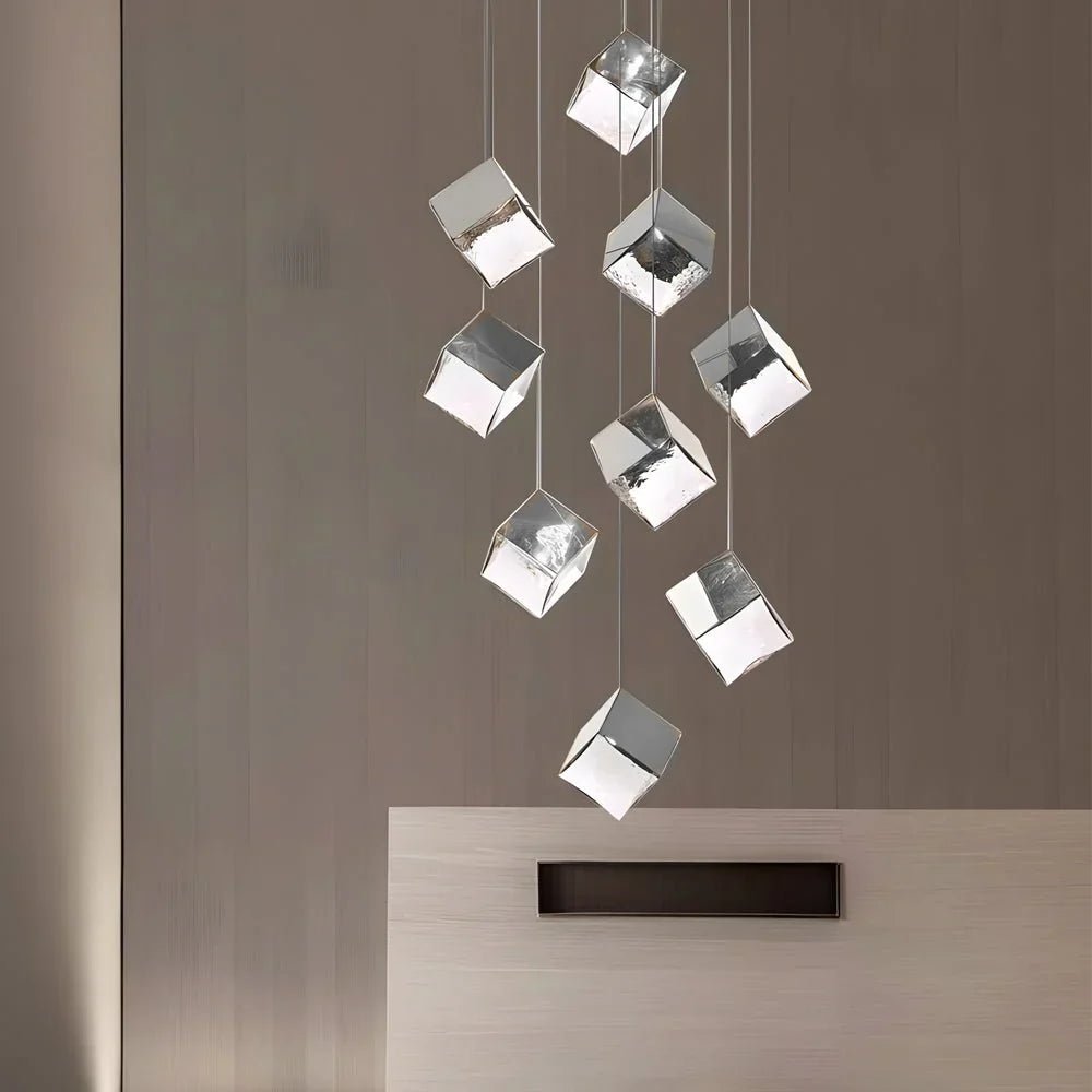 1/3/6/9 - Light Multi Glass Ice Cube Metallic Staircase Chandelier - Cyran Lamps