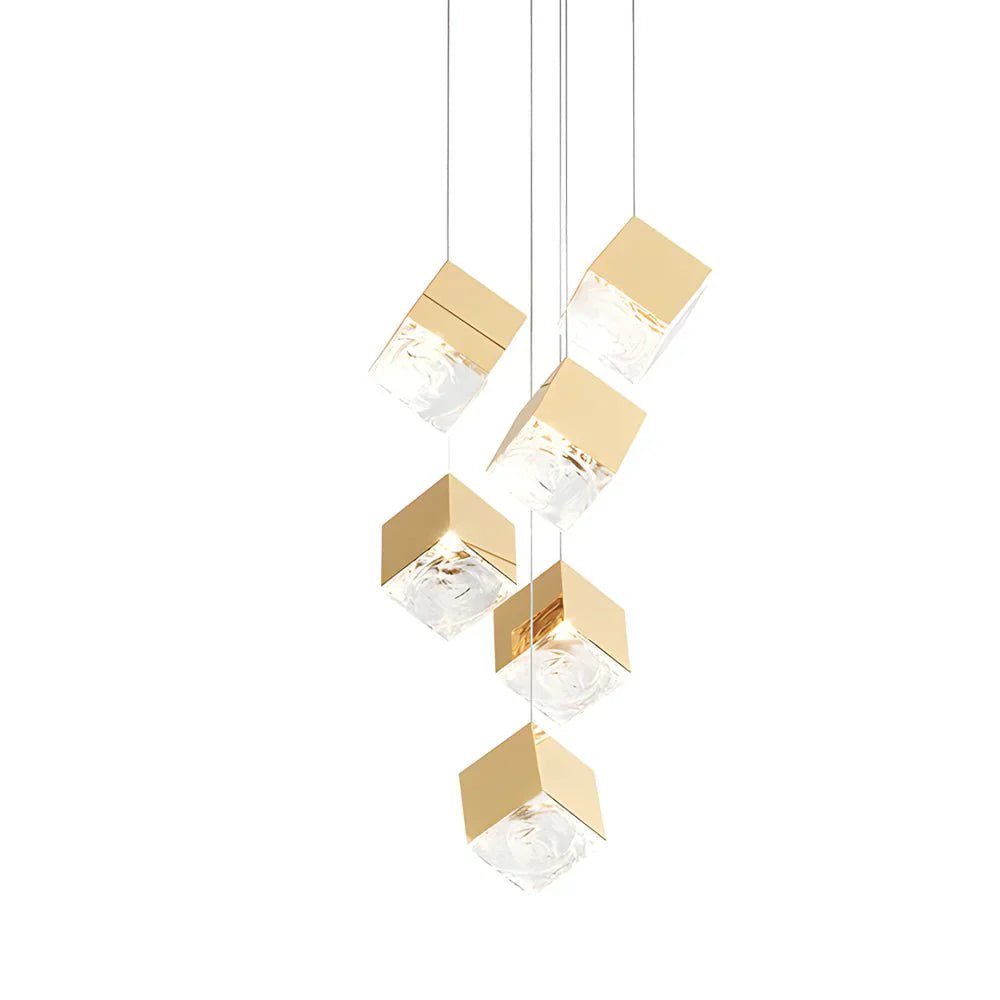 1/3/6/9 - Light Multi Glass Ice Cube Metallic Staircase Chandelier - Cyran Lamps