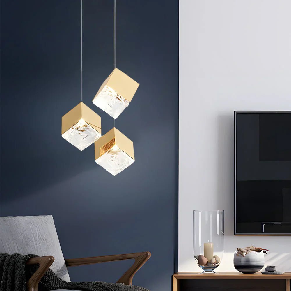 1/3/6/9 - Light Multi Glass Ice Cube Metallic Staircase Chandelier - Cyran Lamps