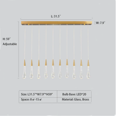 L31.5"*W7.9"*H59.0" chandelier,chandeliers,pendant,glass,light luxury,luxury,gold,long,high,staircase,spiral staircase,stair,raindrop rod,rods,kitchen island,dining table,dining bar,long table,big table,bar