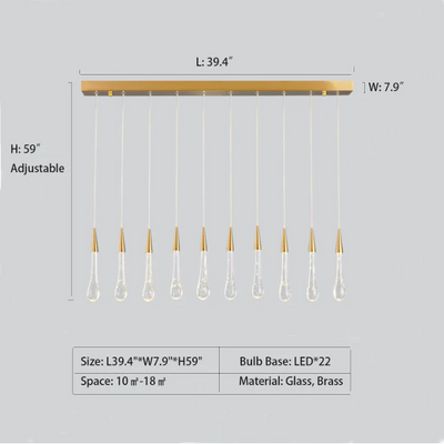 L39.4"*W7.9"*H59.0" chandelier,chandeliers,pendant,glass,light luxury,luxury,gold,long,high,staircase,spiral staircase,stair,raindrop rod,rods,kitchen island,dining table,dining bar,long table,big table,bar