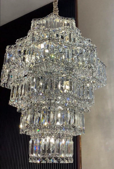 Extra Large Plaza Hall Multi-Tier Crystal Chandelier Foyer Living Room Staircase Ceiling Lighting Fixture In Chrome/Gold Finish