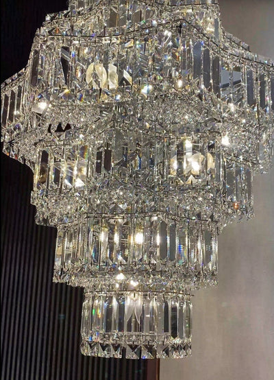 Extra Large Plaza Hall Multi-Tier Crystal Chandelier Foyer Living Room Staircase Ceiling Lighting Fixture In Chrome/Gold Finish