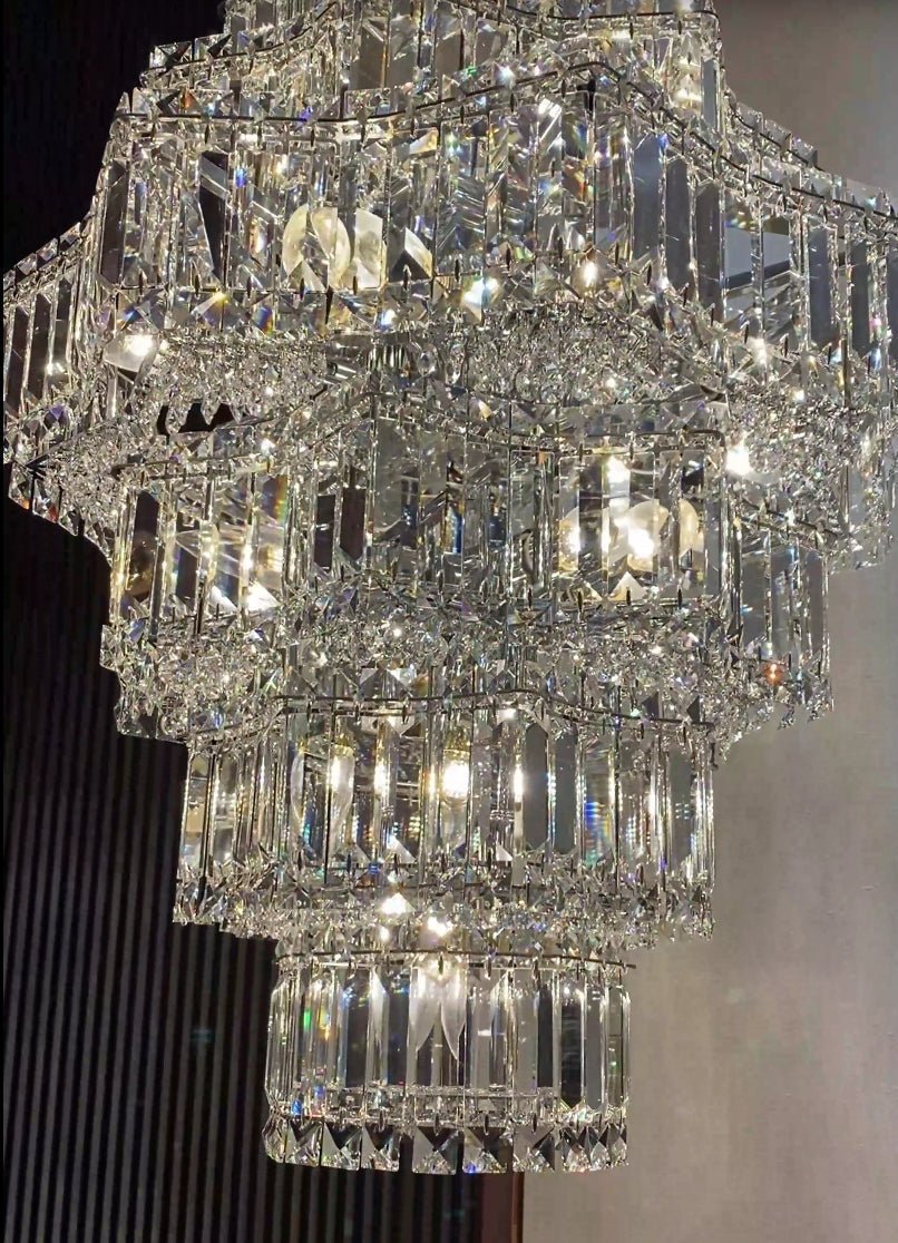 Extra Large Plaza Hall Multi-Tier Crystal Chandelier Foyer Living Room Staircase Ceiling Lighting Fixture In Chrome/Gold Finish