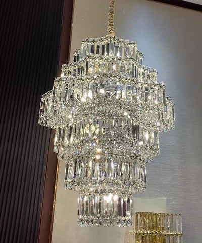 Extra Large Plaza Hall Multi-Tier Crystal Chandelier Foyer Living Room Staircase Ceiling Lighting Fixture In Chrome/Gold Finish