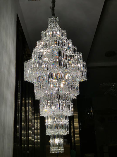 Extra Large Plaza Hall Multi-Tier Crystal Chandelier Foyer Living Room Staircase Ceiling Lighting Fixture In Chrome/Gold Finish