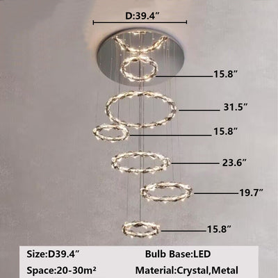 6 rings Modern Extra Large Multi-layers Ring Ceiling Crystal Chandelier For Staircase/Foyer/Hallway