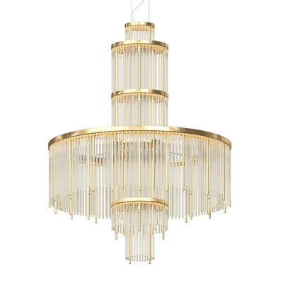 Modern Multi-layered Glass&Metal Rods Chandelier for High-ceiling