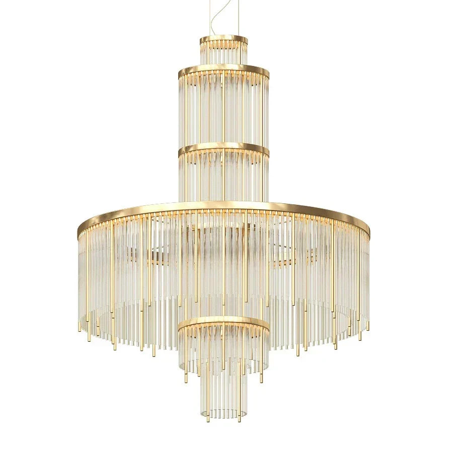 Modern Multi-layered Glass&Metal Rods Chandelier for High-ceiling