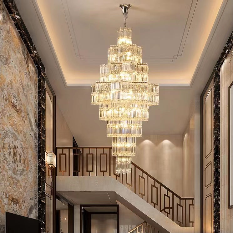 Extra Large Plaza Hall Multi-Tier Crystal Chandelier Foyer Living Room Staircase Ceiling Lighting Fixture In Chrome/Gold Finish
