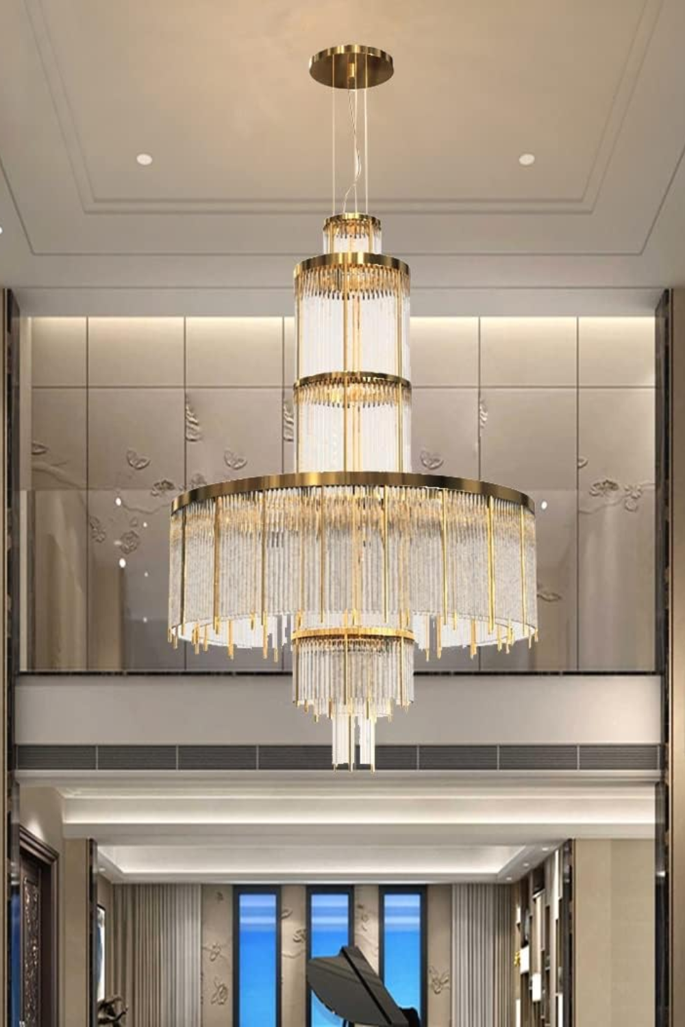 Modern Multi-layered Glass&Metal Rods Chandelier for High-ceiling