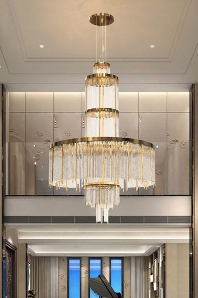 Modern Multi-layered Glass&Metal Rods Chandelier for High-ceiling