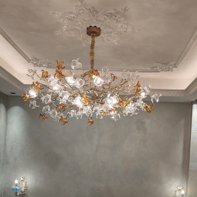 Designer Favorite Brass Branch Chandelier with Artistic Flower Glass for Dining Room Living Room and Kitchen Island