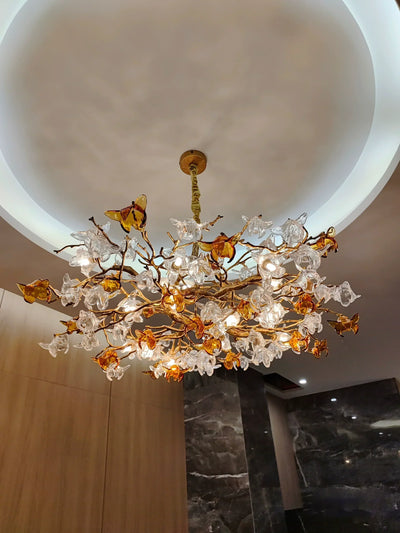 Designer Favorite Brass Branch Chandelier with Artistic Flower Glass for Dining Room Living Room and Kitchen Island