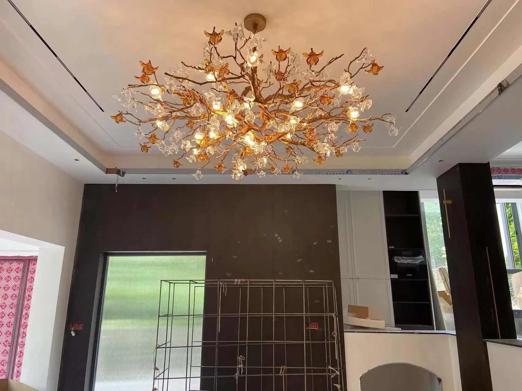 Designer Favorite Brass Branch Chandelier with Artistic Flower Glass for Dining Room Living Room and Kitchen Island