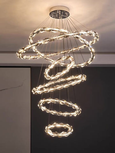 Oversized Multi-Tiered Rings Crystal Chandelier Modern Clear and Grey Crystal Ceiling Light Fixture For Staircase/Foyer/Hallway/Entryway