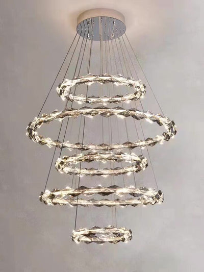 Oversized Multi-Tiered Rings Crystal Chandelier Modern Clear and Grey Crystal Ceiling Light Fixture For Staircase/Foyer/Hallway/Entryway