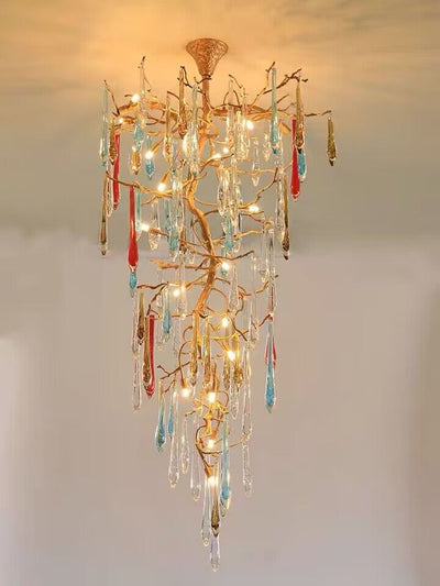 colorful, creative, Modern Light Luxury Brass Branches Colored Glass Column Chandelier for Staircase/Living Room/High-ceiling Space,special,unique,gorgeous, dimmable