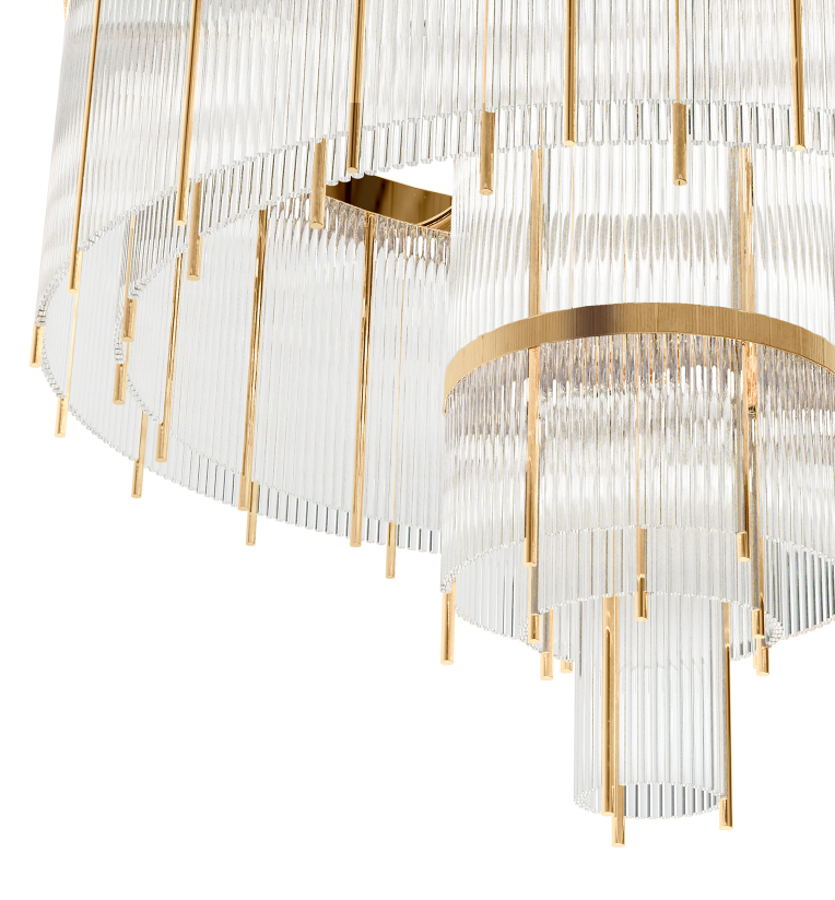 Modern Multi-layered Glass&Metal Rods Chandelier for High-ceiling