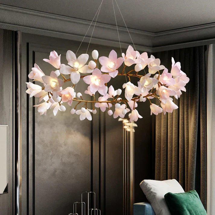 Amara Pink Orchid & Brass Circular Chandelier - Cyran Lamps