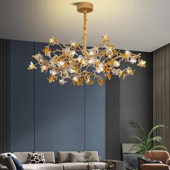 Aosta Orchid Branch & Crystal Bloom Brass Chandelier - Cyran Lamps