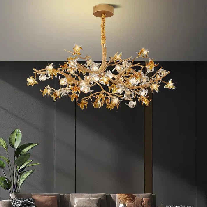 Aosta Orchid Branch & Crystal Bloom Brass Chandelier - Cyran Lamps