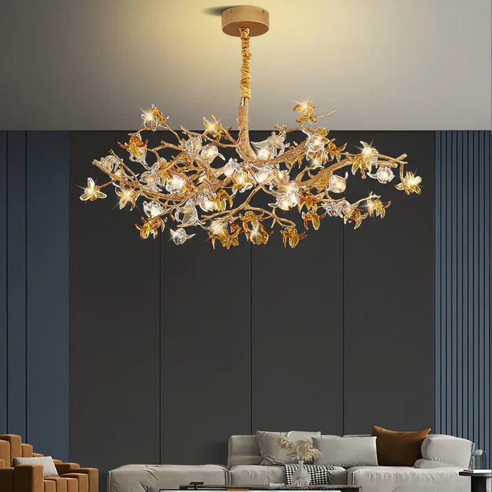 Aosta Orchid Branch & Crystal Bloom Brass Chandelier - Cyran Lamps
