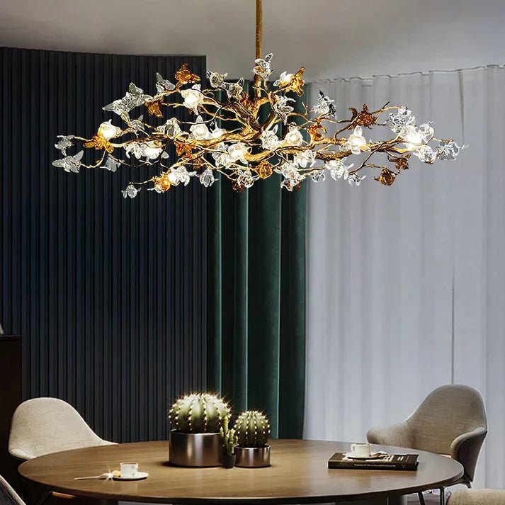 Aosta Orchid Branch & Crystal Bloom Brass Chandelier - Cyran Lamps