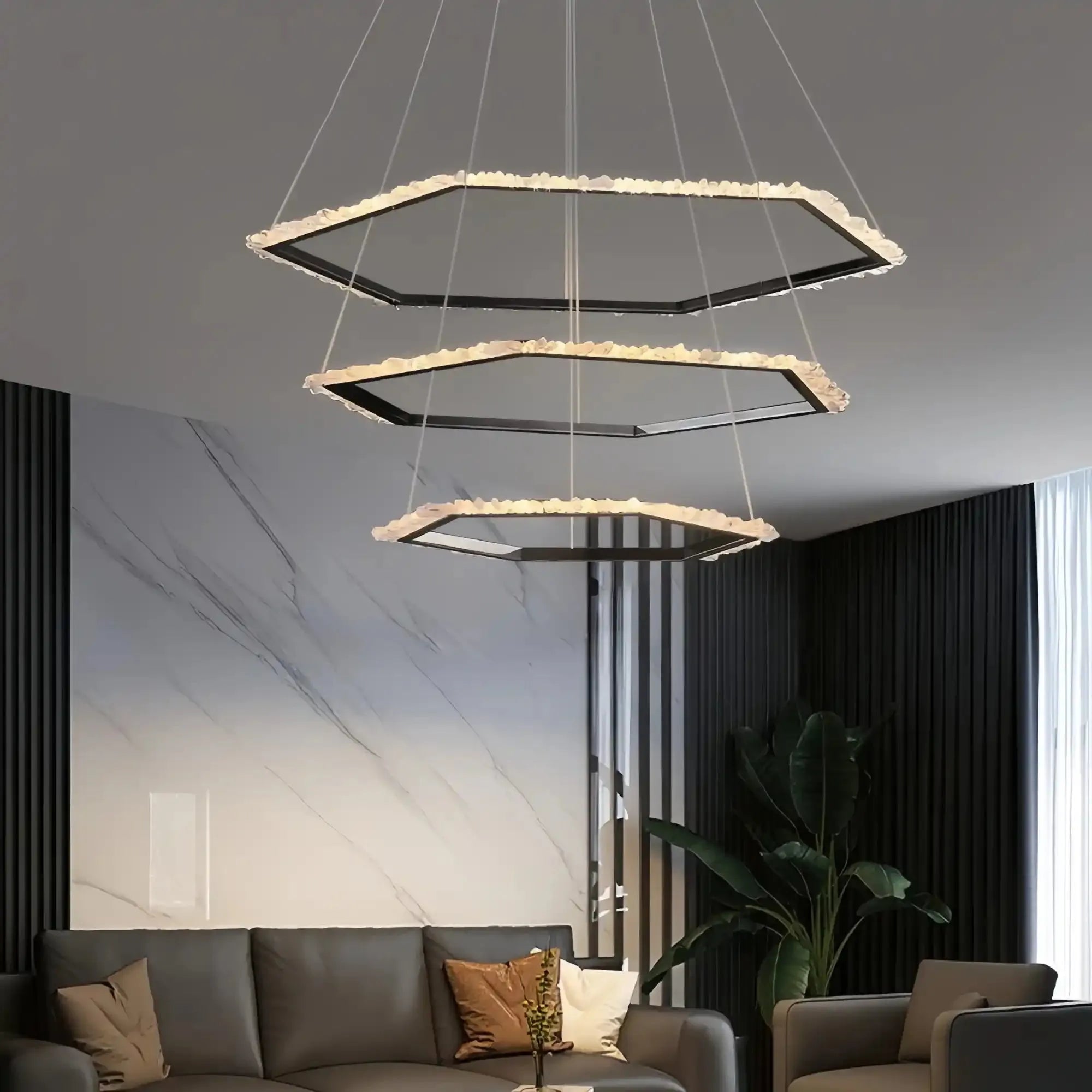 Gina Hexagonal Rock Crystal Black Ring Chandelier - Style CCyranlamps