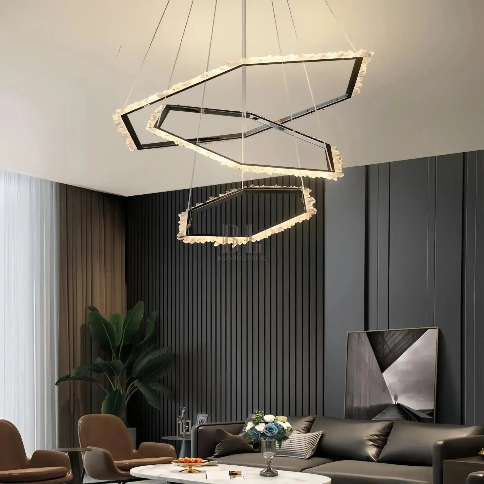 Gina Hexagonal Rock Crystal Black Ring Chandelier - Style CCyranlamps