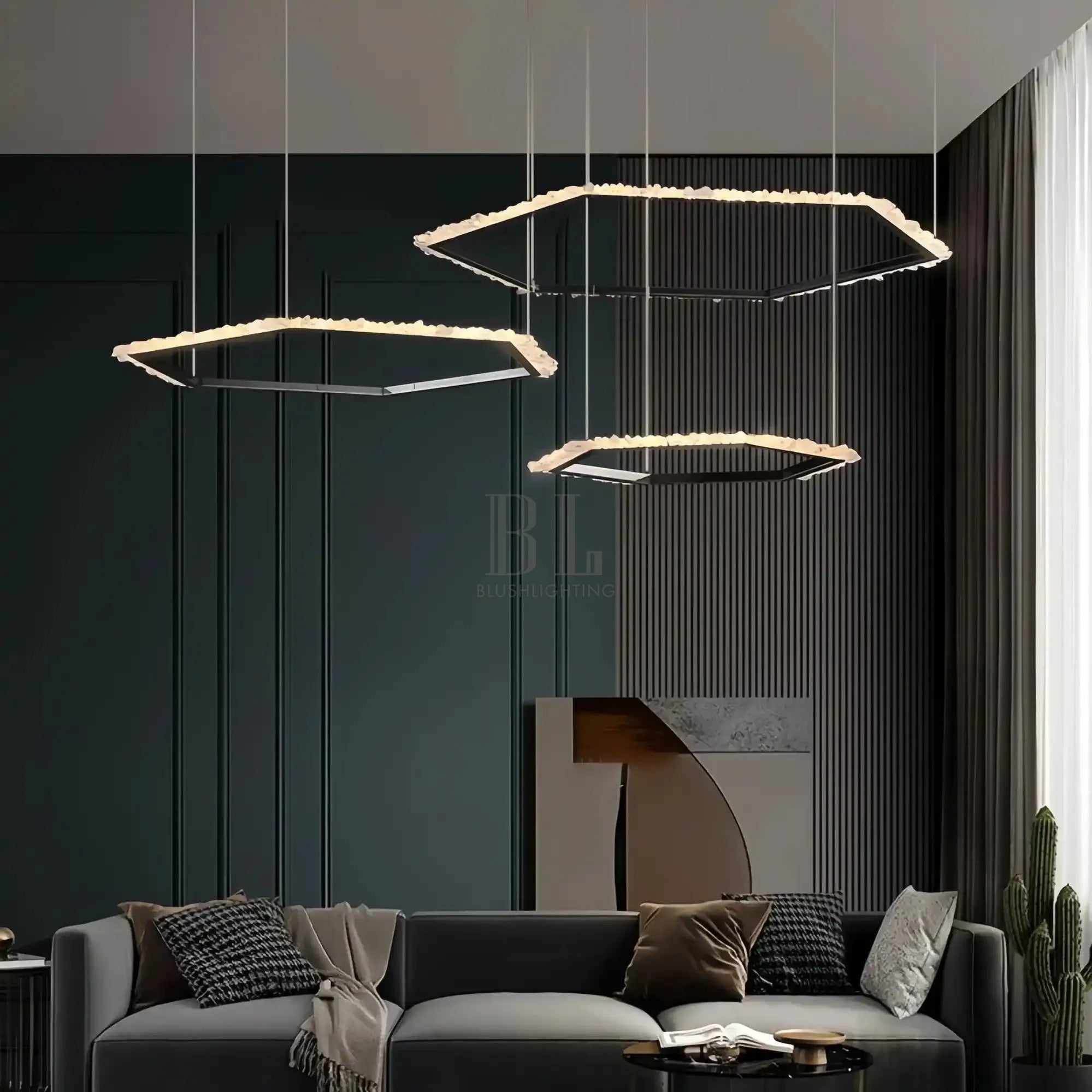 Gina Hexagonal Rock Crystal Black Ring Chandelier - Style BCyranlamps