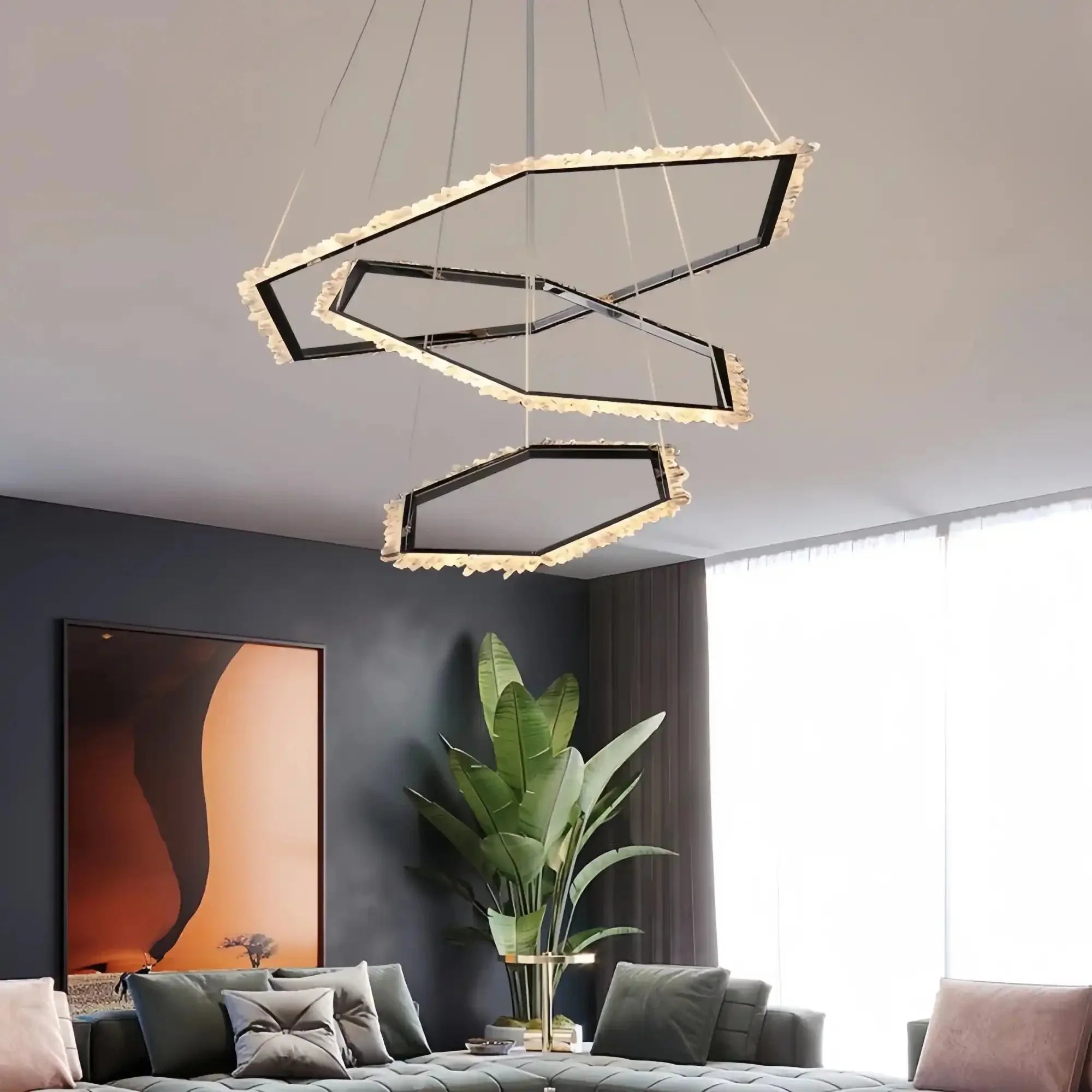 Gina Hexagonal Rock Crystal Black Ring Chandelier - Style ACyranlamps