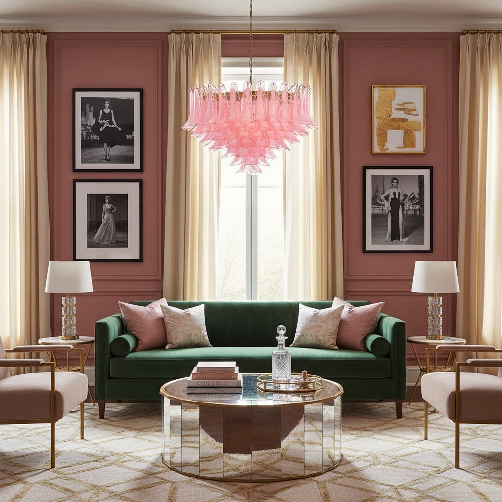 Gold & Pink Barcelona Murano Chandelier with 16 E14 Bulbs - Cyran Lamps
