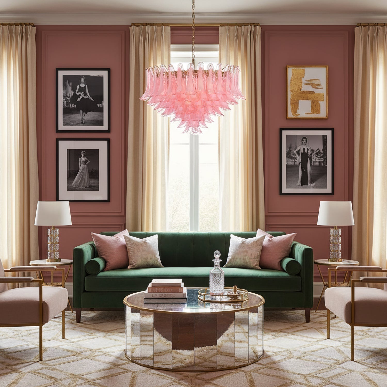 Gold & Pink Barcelona Murano Chandelier with 16 E14 Bulbs - Cyran Lamps