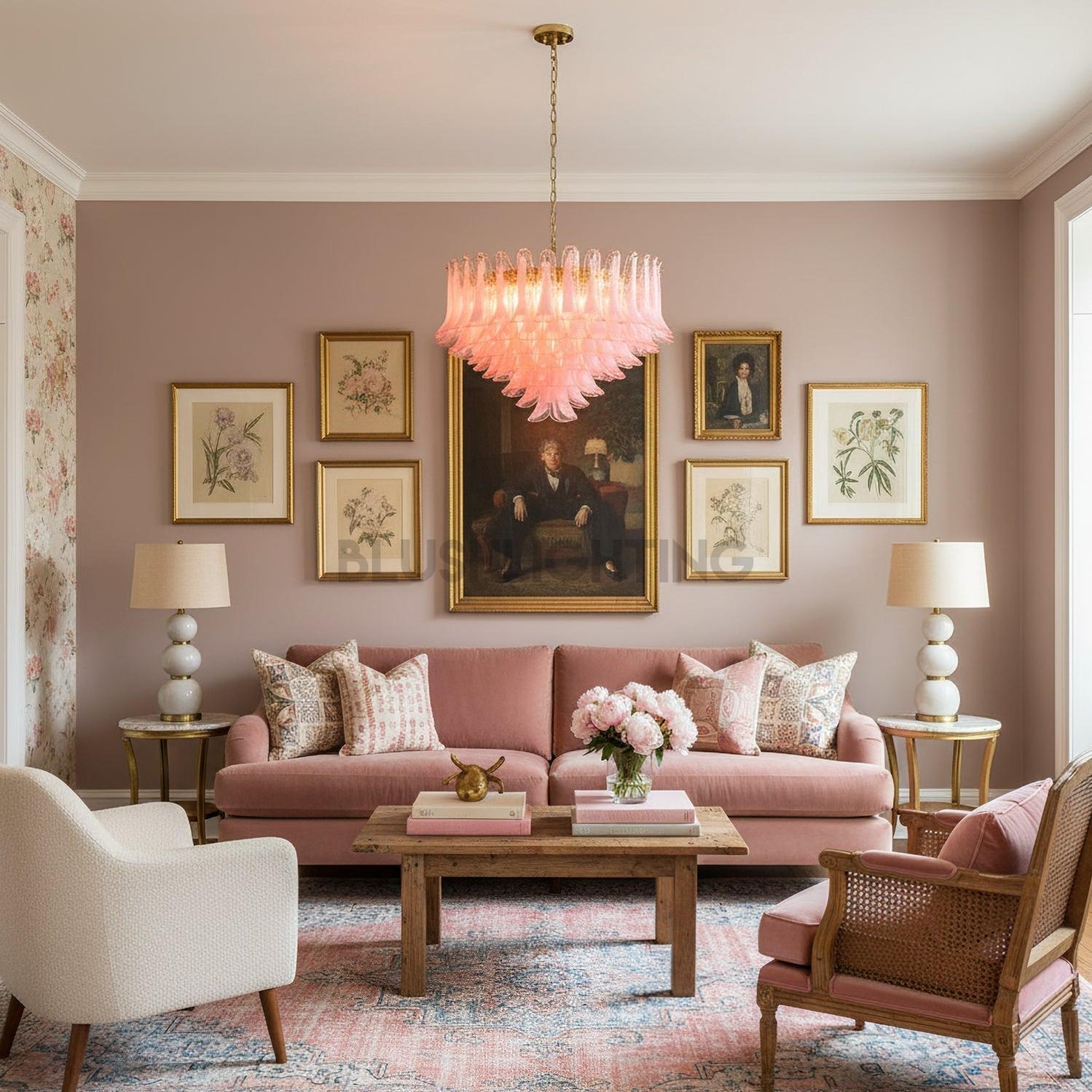 Gold & Pink Barcelona Murano Chandelier with 16 E14 Bulbs - Cyran Lamps