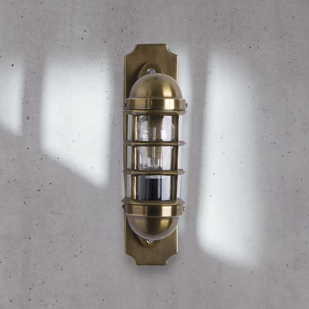 Industrial Antique Brass Bulkhead Wall Sconce - Ribbed Glass Cage Wall Light for Indoor/Outdoor - Cyran Lamps