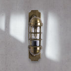 Industrial Antique Brass Bulkhead Wall Sconce - Ribbed Glass Cage Wall Light for Indoor/Outdoor - Cyran Lamps