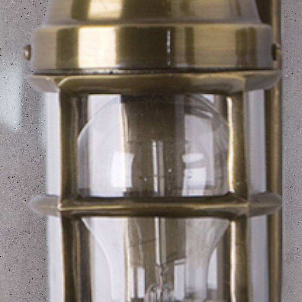 Industrial Antique Brass Bulkhead Wall Sconce - Ribbed Glass Cage Wall Light for Indoor/Outdoor - Cyran Lamps