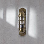 Industrial Antique Brass Bulkhead Wall Sconce - Ribbed Glass Cage Wall Light for Indoor/Outdoor - Cyran Lamps