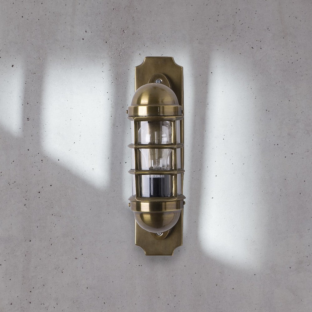 Industrial Antique Brass Bulkhead Wall Sconce - Ribbed Glass Cage Wall Light for Indoor/Outdoor - Cyran Lamps