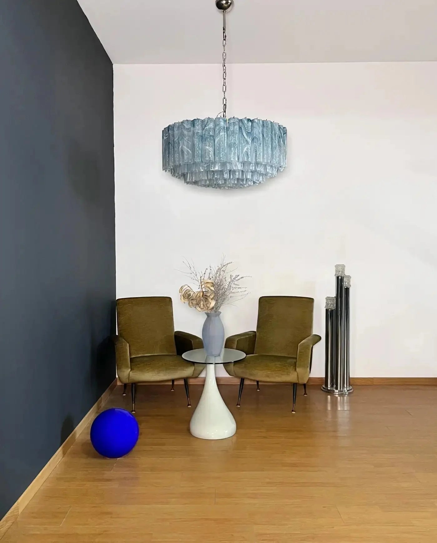 Large Murano glass Chandelier - 101 blue alabaster glass tube - Cyran Lamps